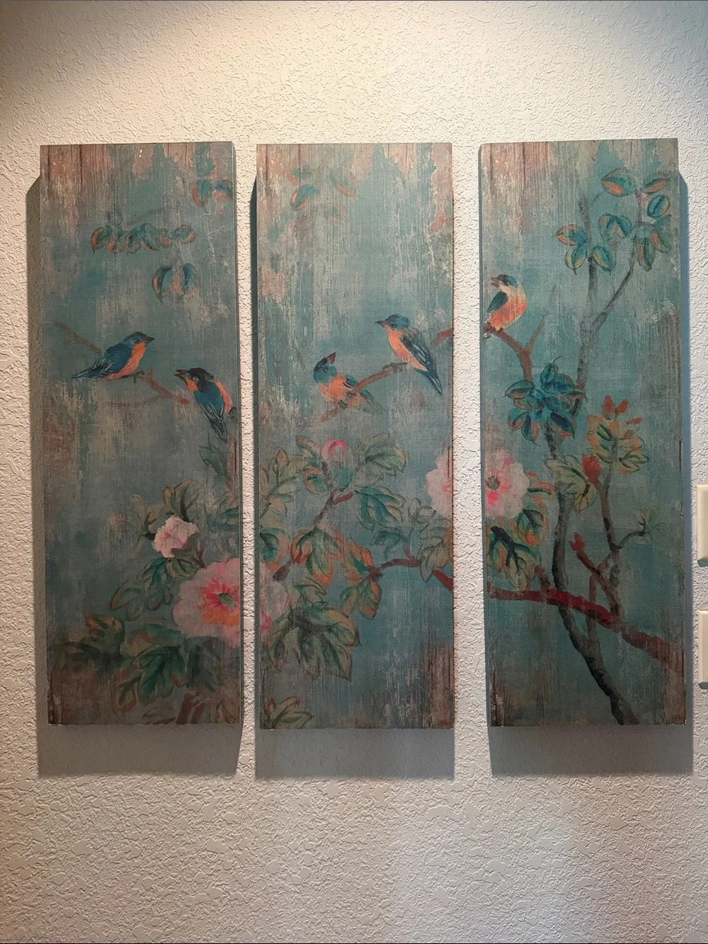 Pottery Barn Teal and Coral Botanical/Bird chinoiserie Triptych